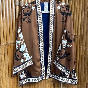Chico's Elegant Brown Kimono with White Floral Accents Size L/XL